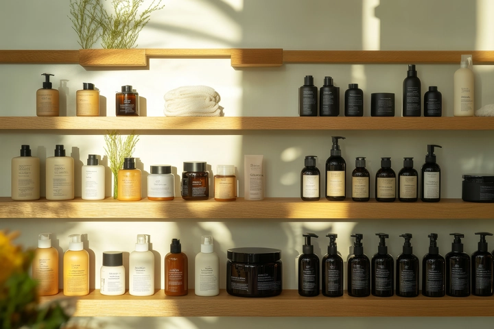 A neatly arranged shelf display featuring minimalist bottles and jars of private label hair care products, including shampoos, conditioners, oils, and treatments in modern, neutral-toned packaging.