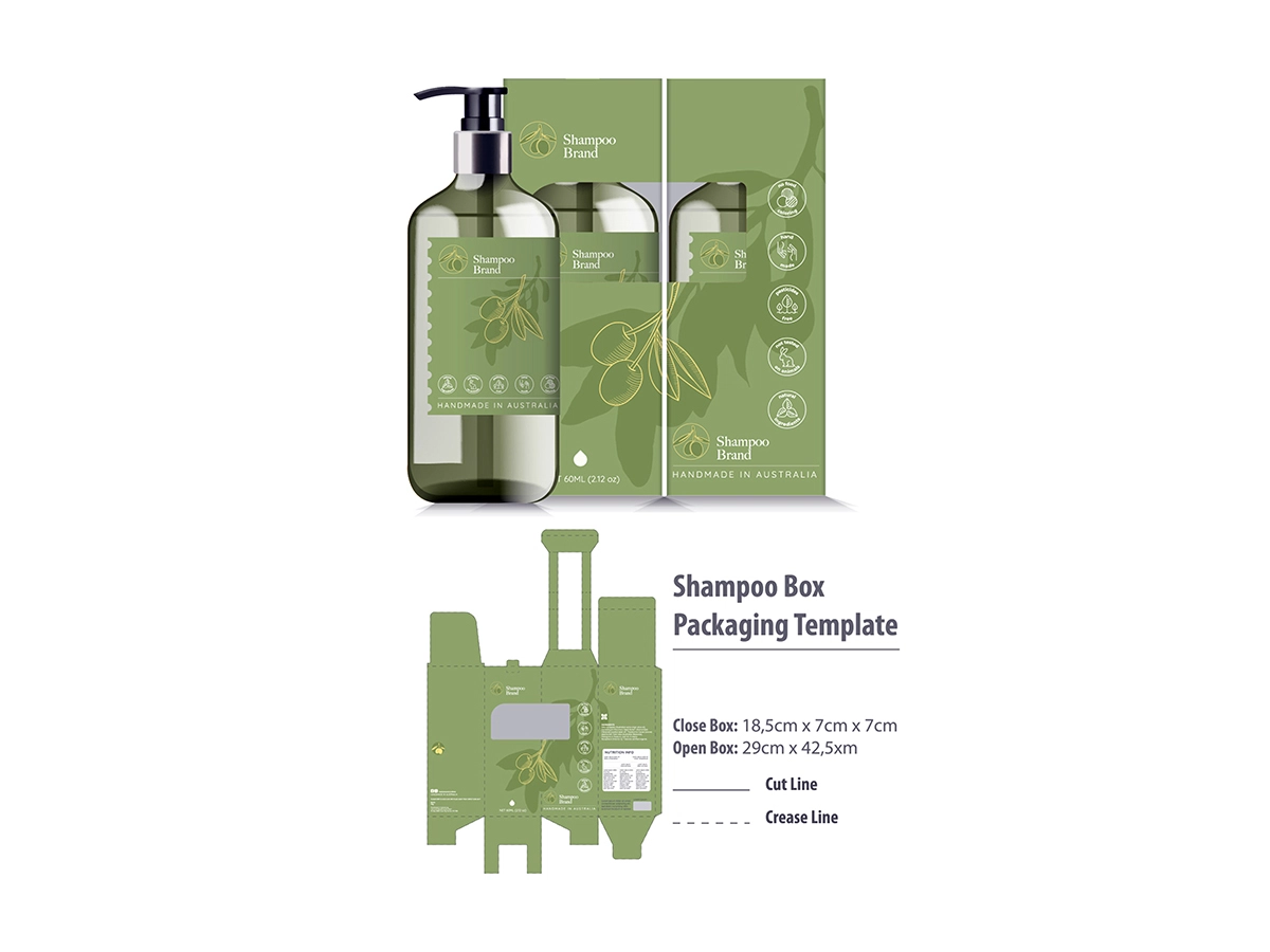 Green shampoo bottle with pump and matching olive-green boxes featuring an olive branch motif and 'Shampoo Brand' text.