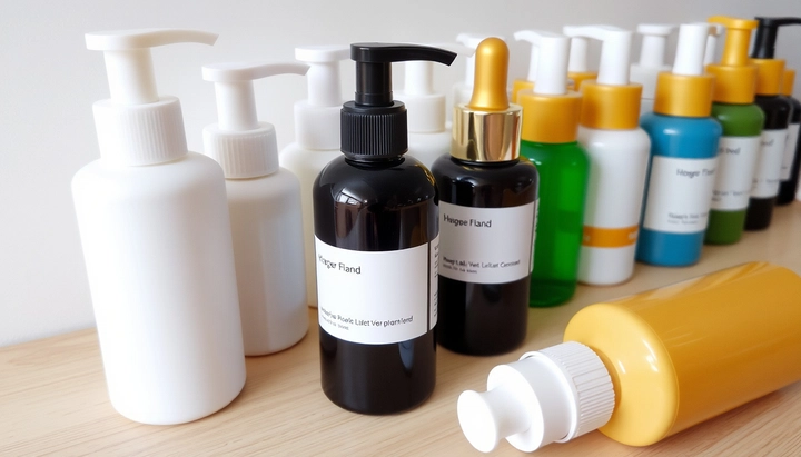 A collection of colorful bottles and dispensers arranged on a wooden surface, showcasing packaging styles commonly used for private label hair care products such as shampoos, conditioners, serums, and lotions.